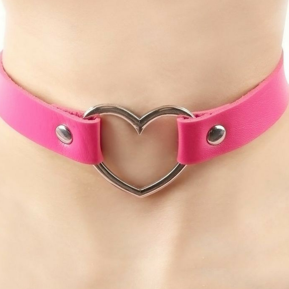 hot pink heart faux leather choker
